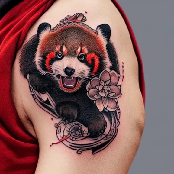 Image similar to “neotraditional tattoo of a red panda in xiaolin monk robes, digital art, tattoo art, highly detailed, hiperrealistic, photorealistic, 4k UHD, Zoltán Szente”