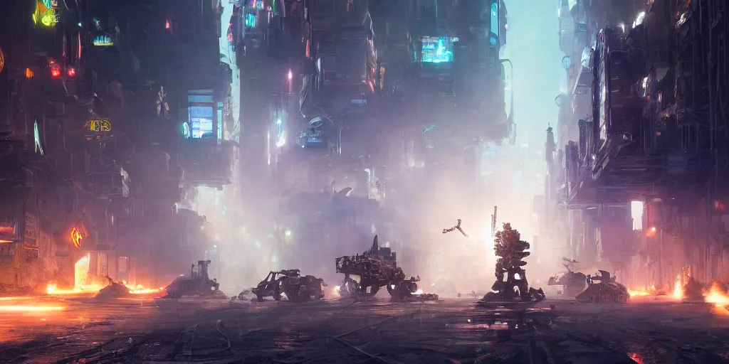 Prompt: a film still from ready player one by james paick, a military mech patrols the narrow alley of an urban dusty city, vibrant, 5 0 mm lens, video game character and environment design, behance hd, studio, dramatic lighting, cinematic, global illumination, trending on artstation, bloom