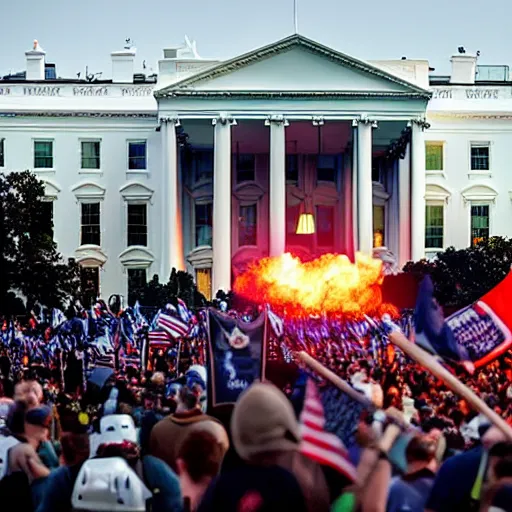 Image similar to a still candid image of hundreds of stormtropers rioting in front of a the white house in washington.!!!, dusk, fire, smoke, kaos, flaming torches and flags