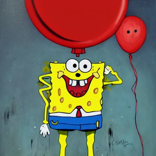 Image similar to grunge painting of spongebob with a wide smile and a red balloon by chris leib, loony toons style, pennywise style, corpse bride style, horror theme, detailed, elegant, intricate