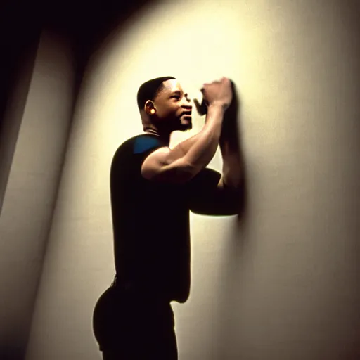 Image similar to will smith slapping a wall. training montage, movie still, cinematic lighting, 3 5 mm film.