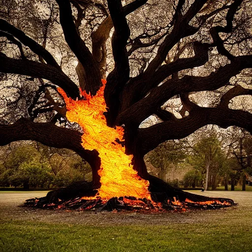 Image similar to oak tree engulfed in flames by Diane Arbus and Louis Daguerre. highly detailed. 85mm, Bokeh