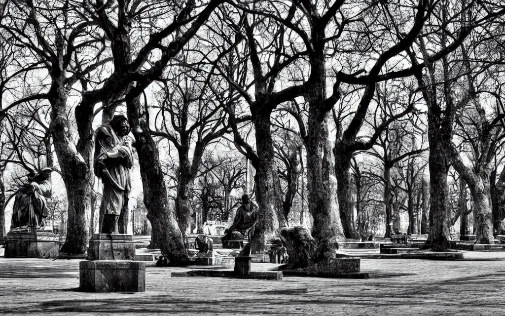 Prompt: the statue park in st. petersburg, by patrick brown, monochrome,