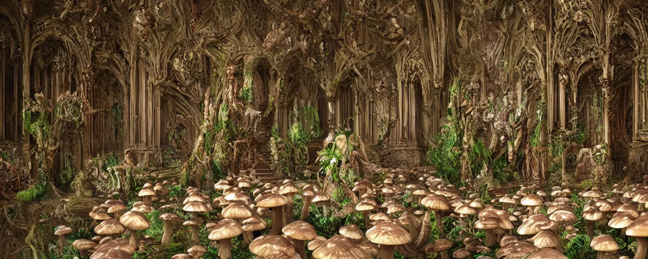 Prompt: hyperrealistic photo of the unseelie court gothic throne room mushrooms and flora