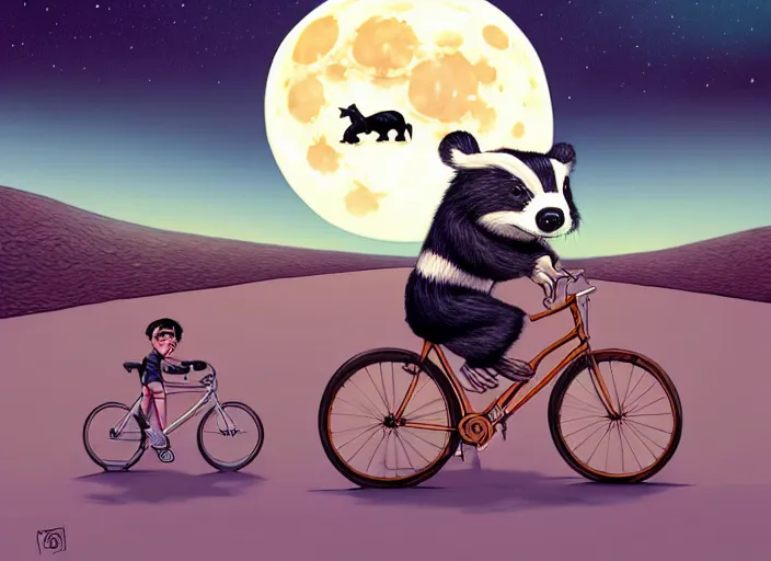 Image similar to a cell shaded cartoon badger riding a bicycle, with a big head, on a desert road, wide shot, in front of a big moon, muted colors, post grunge, josan gonzales, wlop, by james jean, victor ngai, hq, deviantart, art by artgerm