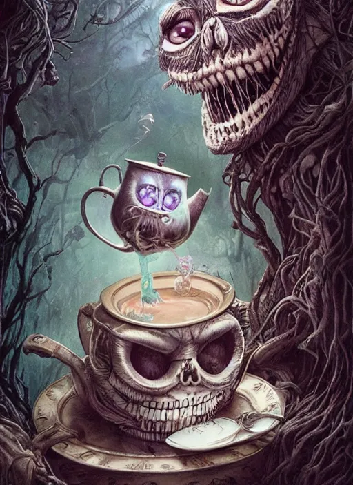 Image similar to Cheshire Cat drinking tea with Alice in wonderland,death tarot card,highly detailed,half skull face,cinematic,8k,by Stanley Artgermm,Tom Bagshaw,Greg Rutkowski,Carne Griffiths, Ayami Kojima, Beksinski, Giger,trending on DeviantArt,hyper detailed,horror, full of colour