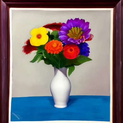 Prompt: a white ceramic vase, with colored flowers, complementary colors, studio photo, photorealism, symmetry.