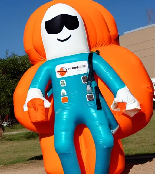 Prompt: an tall giant inflatable astronaut in an orange and teal suit, stood in mist. highly detailed