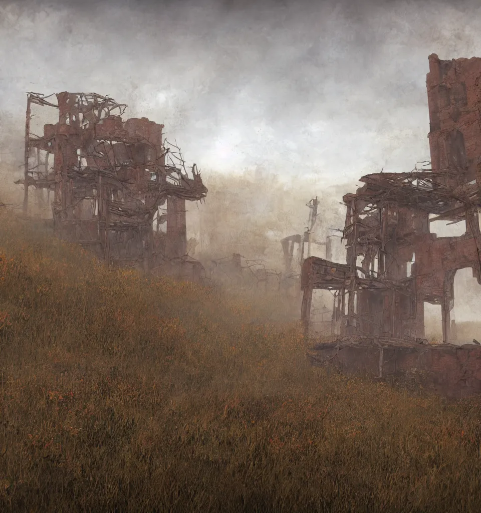 Prompt: rusty broken building constructions of a giant staircase, the ruins, in the steppe, autumn field, misty background, from the game pathologic 2, matte painting, by isaac levitan and asher brown durand,