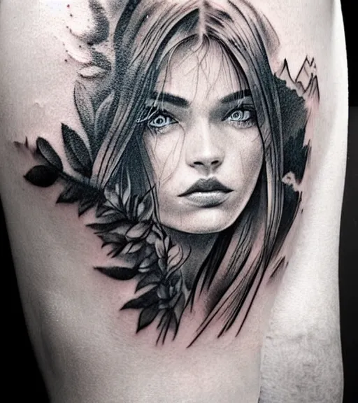 Image similar to tattoo design sketch of a beautiful blue - eyed woman face with a faded background of beautiful mountains and nature on her side, hyper - realistic, in the style of den yakovlev, amazing detail, black and white