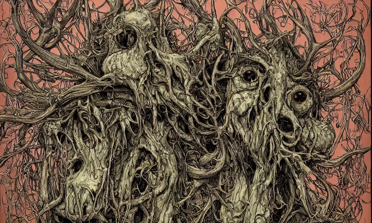 Image similar to hyperdetailed art nouveau portrait of treebeard as a cthulhu eyeball moose skull wendigo cryptid monster, by geof darrow, simon bisley and bill sienkiewicz, grim yet sparkling atmosphere, photorealism, claws, skeleton, antlers, fangs, forest, wild, bizarre, scary, lynn varley, lovern kindzierski, steve oliff