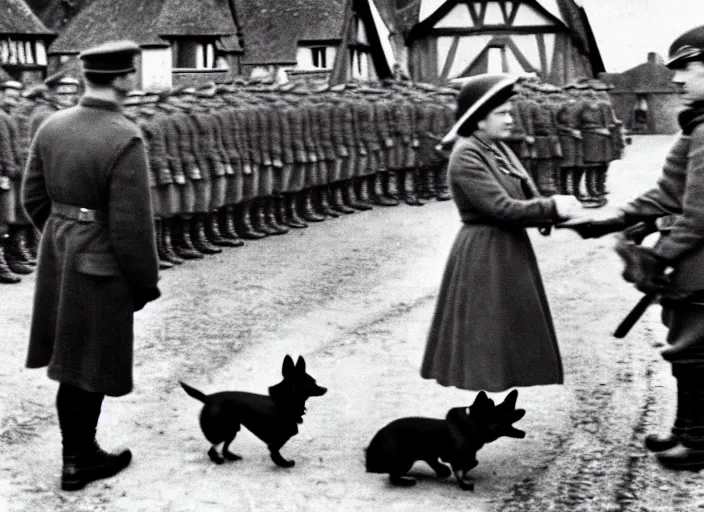 Prompt: ultra wide 1 9 4 6 blurry historical far away photo a german general surrendering to young queen elizabeth in a french village, her corgis are nearby highly detailed, sharp focus