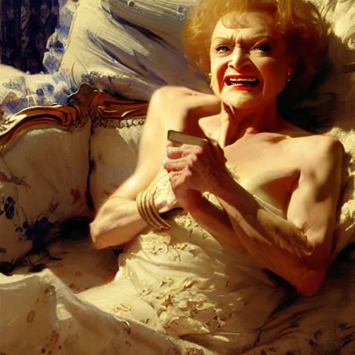 Image similar to willem dafoe is in his bed, nervous and terrified, because betty white from hell is attacking him. highly detailed painting by gaston bussiere, j. c. leyendecker, greg rutkowski, craig mullins 8 k