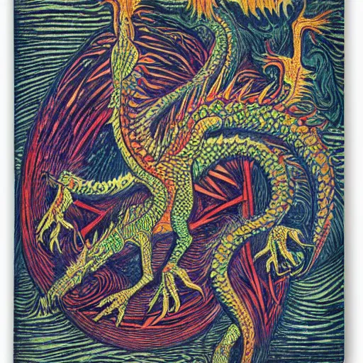 Prompt: colorful woodcut of a fractal dragon by munch, by gustave dore