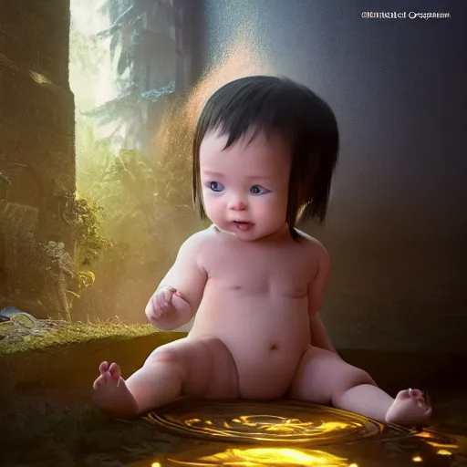 Image similar to full body pose, hyperrealistic photograph of a cute baby avatar creature, dim volumetric lighting, 8 k, octane beautifully detailed render, extremely hyper detailed, intricate, epic composition, cinematic lighting, masterpiece, trending on artstation, very very detailed, stunning, hdr, smooth, sharp focus, high resolution, award, winning photo, dslr, 5 0 mm