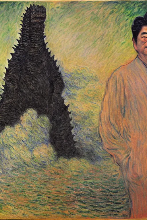 Image similar to shinzo abe with body of Godzilla painting by claude monet