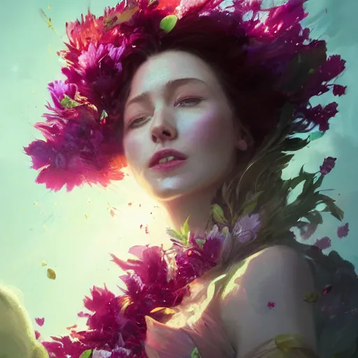 Image similar to faceless scarlet witch in a swirling sundress of flowers, floral explosion, radiant light, vortex of plum petals, oil painting, Tooth Wu, Greg Rutkowski, RPG portrait, dynamic lighting, fantasy art, High contrast, depth of field