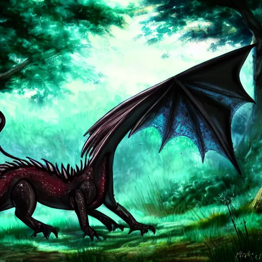 Image similar to a mulitcolored dragon roaming the forest, trending on pixiv