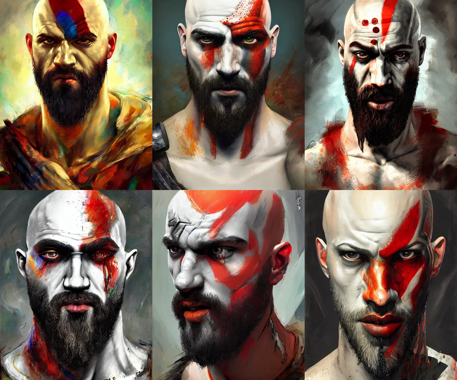 Prompt: portrait of kratos, in the style of disco elysium, expressionism, artstation, trending, by aleksander rostov, jenny saville, rembrandt, alex kanevsky, wassily kandinsky, dave mckean, yoshitaka amano