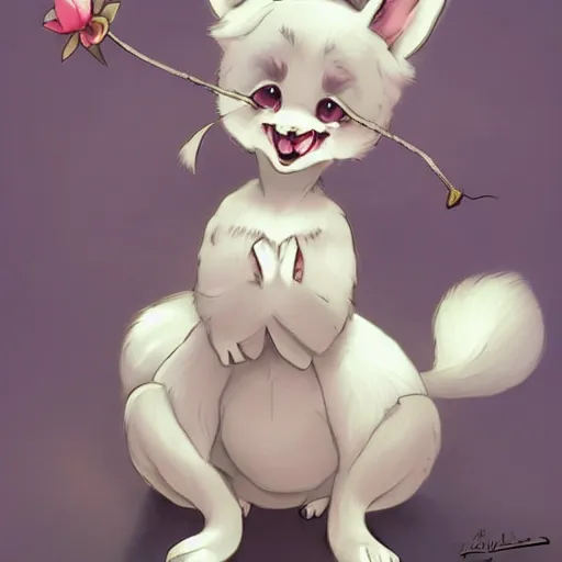 Image similar to an adorable zany girly alluring chubby charming but slightly terrifying # fennic fox wolf rabbit hybrid, with long floppy rabbit ears, wearing a cute girly bow on the top of its head, grinning at the camera with a mischievous look, sharp teeth, happy lighting, at a tropical beach, greg rutkowski and alphonse mucha and jin xiaodi and anthony devine