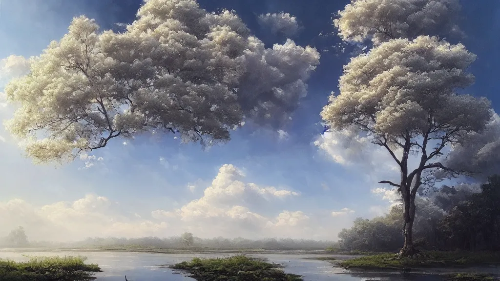 Image similar to very realistic oil painting of a single tree made of clouds with lots of very very cloud shaped leaves, A beautiful, highly detailed, masterpiece, next to a small crystal clear river, oil painting by Greg Rutkowski.