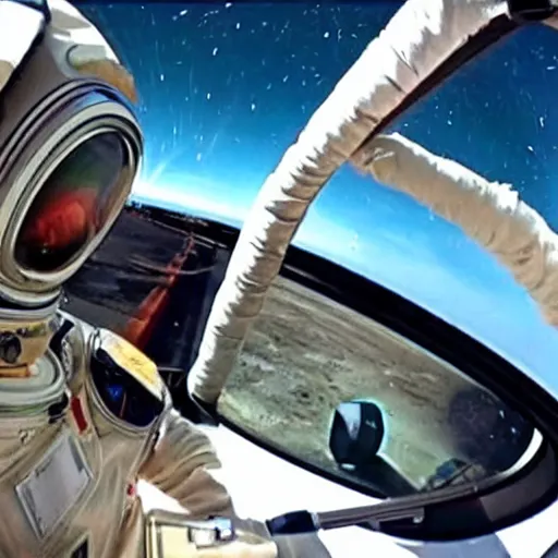 Prompt: dashcam car footage of a astronaut