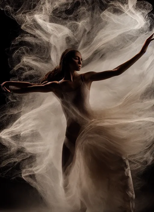 Image similar to a Photorealistic dramatic hyperrealistic render of a beautiful Female smoke dancer by Ken Brower and Deborah Ory of NYC Dance project,Lois Greenfield,Flowing cloth and smoke,Beautiful dynamic dramatic dark moody lighting,volumetric,shadows,cinematic atmosphere,Octane render,8K