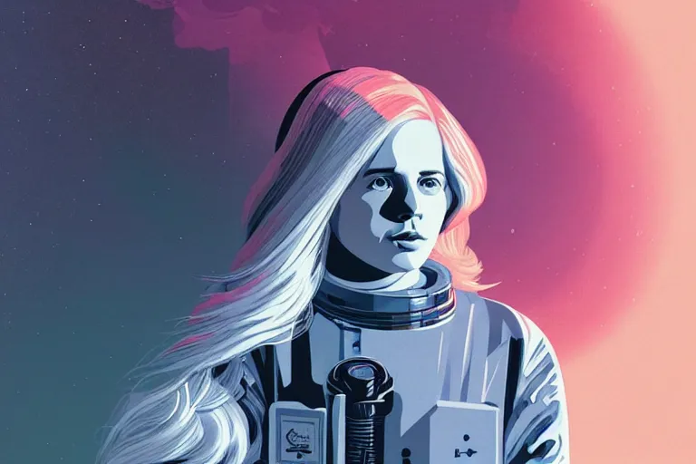 Image similar to editorial illustration by Karolis Strautniekas and Mads Berg , full body portrait of a young astronaut girl with flowing white hair, colorful, fine texture,detailed, muted colors,film noir, dramatic lighting, dynamic composition,moody, vivid, matte print,moody