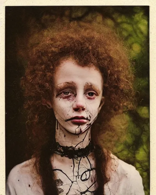 Image similar to an instant photo of beautiful but creepy, doorstep siblings in layers of fear, with haunted eyes and curly hair, wearing a vivienne westwood choker, 1 9 7 0 s, seventies, wallpaper, woodland, a little blood, moonlight showing injuries, delicate embellishments, painterly, offset printing technique, by mary jane ansell