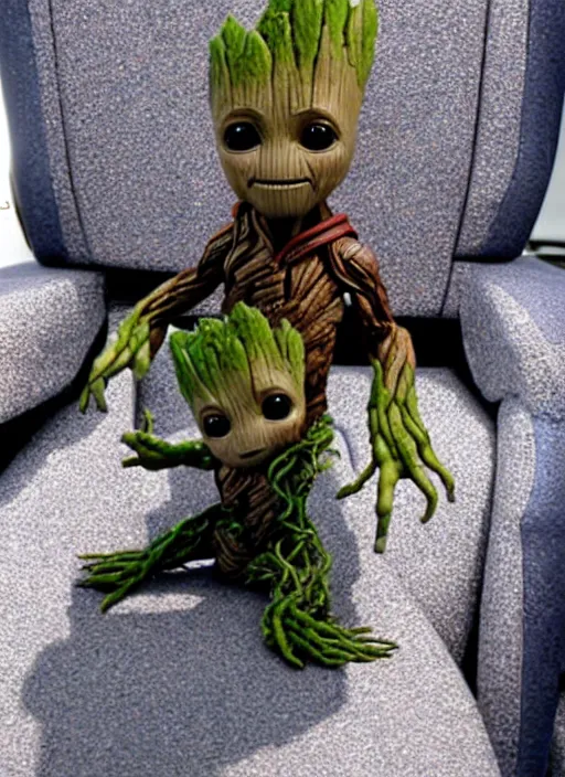 Image similar to baby groot sitting in the captains chair of the uss enterprise, photo realistic