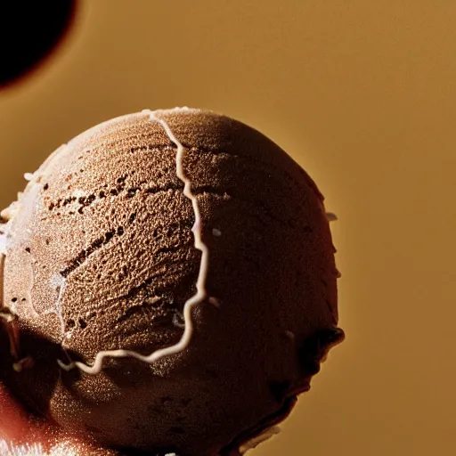 Image similar to detailed photograph of a levitating chocolate ice cream cone becoming a hairy brown recluse spider body at the bottom. dramatic, golden light. realistic photograph. delicious.