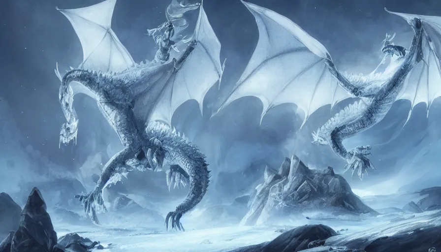 Image similar to epic ice dragon with trendy shapes in a nordic landscape under aurora and stars, set in the words of the Forgotten Realms and Guildwars2, painted by Hans Fredrik Gude, Greg Rutkowksi and Artgerm, concept art 2022, ultra realistic masterpiece