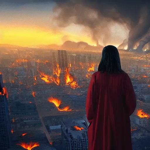 Prompt: a terrifying angel looking down upon a burning city.