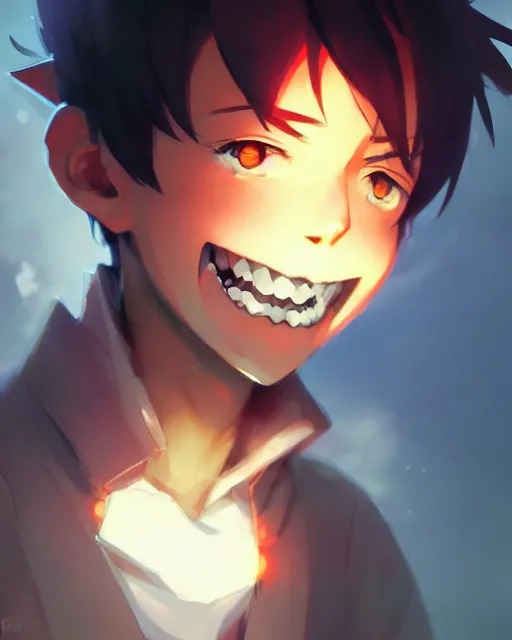 Image similar to friendly boy anime smiling, medium shot close up, details, sharp focus, illustration, by jordan grimmer and greg rutkowski, trending artstation, pixiv, digital art