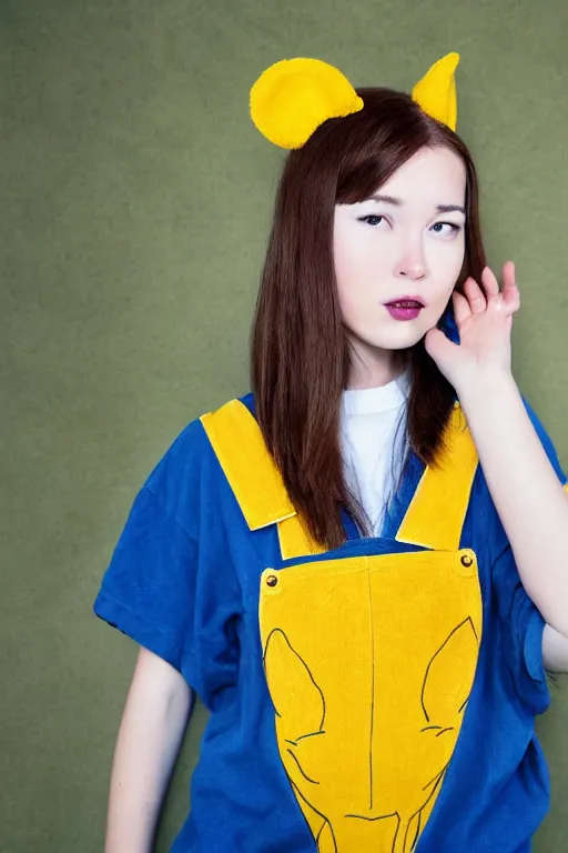 Image similar to girl with brown hair, short horns, long animal ears, a yellow t - shirt and blue overalls, geisha portrait