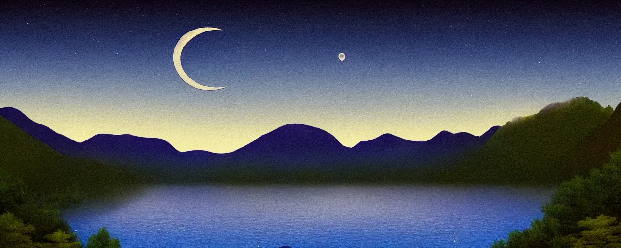 Image similar to a peaceful mountain valley with a lake at night rendered in the style of zana bamarni, crescent moon