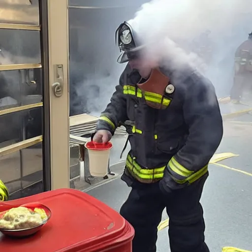 Prompt: firefighter serving icecream in a room that is on fire 🔥