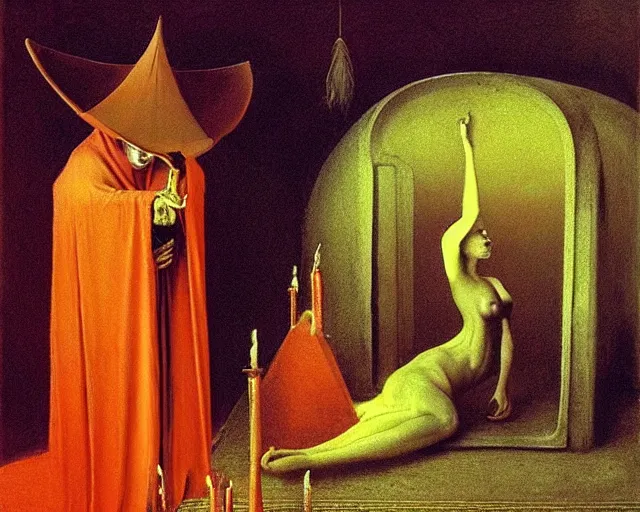 Image similar to devotion to the scarlet woman, priestess in a conical hat, coronation, ritual, sacrament, by francis bacon, beksinski, bosch, mystical redscale photography, opulence, luxury, maximalism.