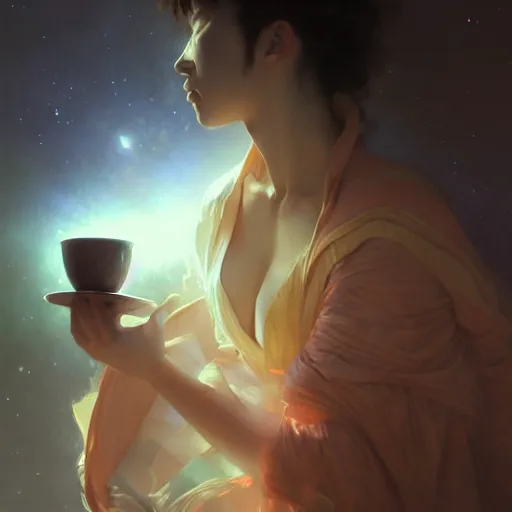 Image similar to A man drinking a cup of cosmic energy bright light, illustration by Ruan Jia and Mandy Jurgens and William-Adolphe Bouguereau, Artgerm, 4k, digital art, surreal, anime style, space dandy style, highly detailed, godsend, artstation, digital painting, concept art, smooth, sharp focus, illustration by Ruan Jia and Mandy Jurgens and William-Adolphe Bouguereau, Artgerm