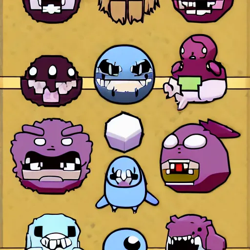 Prompt: binding of isaac pokemon turntable sprite sheet