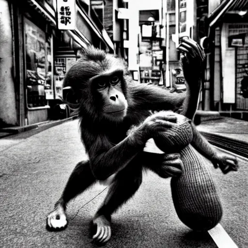 Prompt: a tight shot of a monkey dragging a doll in the street in Japan by Yoji Shinkawa and Ashley Wood, rule of thirds
