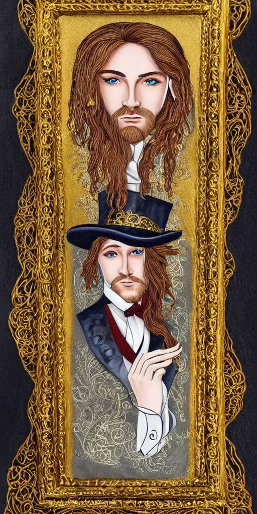 Image similar to beautiful detailed acrylic painting mystical mentalist man, has blond hair and a top hat. Wearing embroidered noble clothes. Heterochroma eyes. A small book with gold filigree in hand. Renaissance. Fantasy.