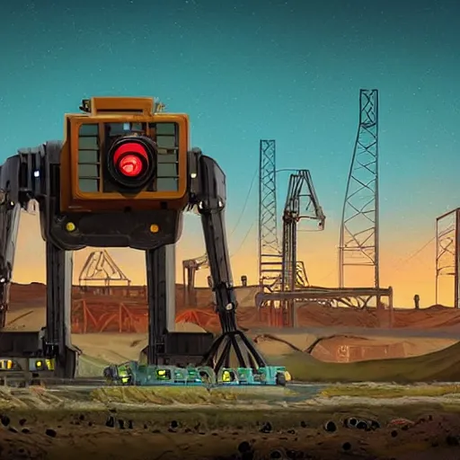 Image similar to giant scary quadrupedal mining machine with drill, four legs, highly detailed body, retro, industrial, in the style of simon stalenhag