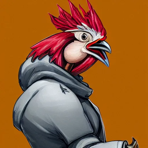 Prompt: a portrait of a rooster robot wearing a hoodie, artstation, illustration