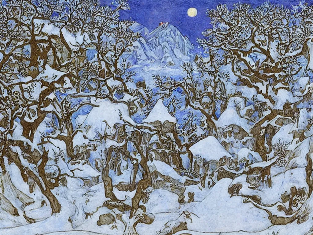 Image similar to winter scene with dragon. painting by limbourg brothers