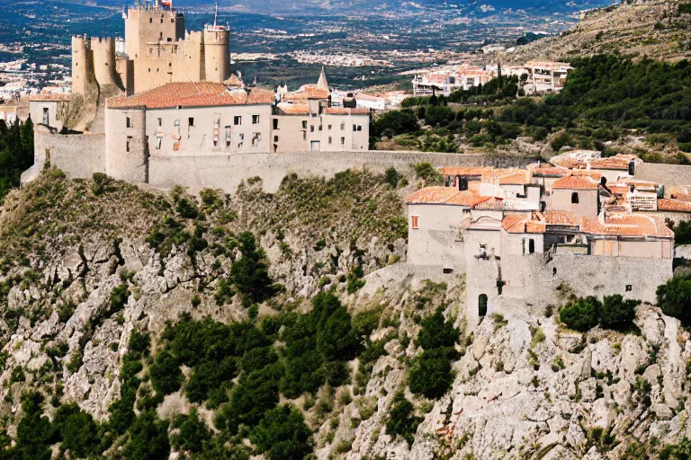 Prompt: 35mm photo of the Spanish castle of Salobrena on the top of a large rocky hill overlooking a white Mediterranean town by June Sun