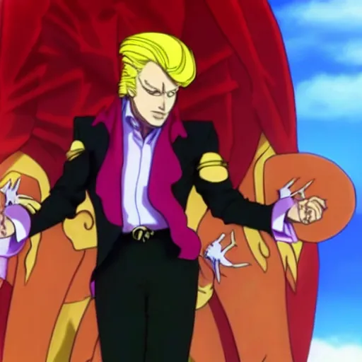 Prompt: Donald trump as Dio Brando from part 3 of Jojo’s Bizarre Adventure anime, anime screen capture from new episode