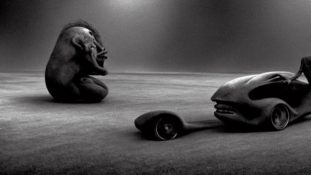 Image similar to the hip creature on the car, film still from the movie directed by denis villeneuve and david cronenberg with art direction by salvador dali and zdzisław beksinski, wide lens