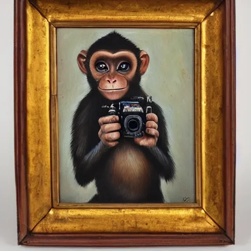 Prompt: portrait of a monkey holding a camera in his hand, oil painting