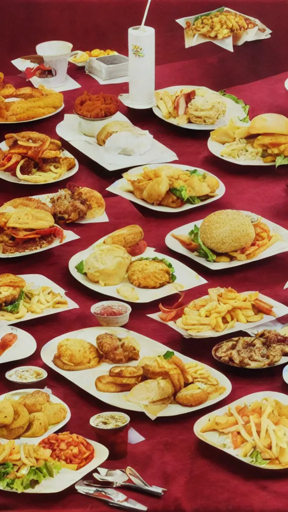 Prompt: 6 0 s food photography of a lavish spread of fast food from mcdonald's, on a velvet table cloth, soft focus